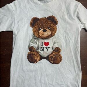 White Graphic Tee with Teddy Bear Print